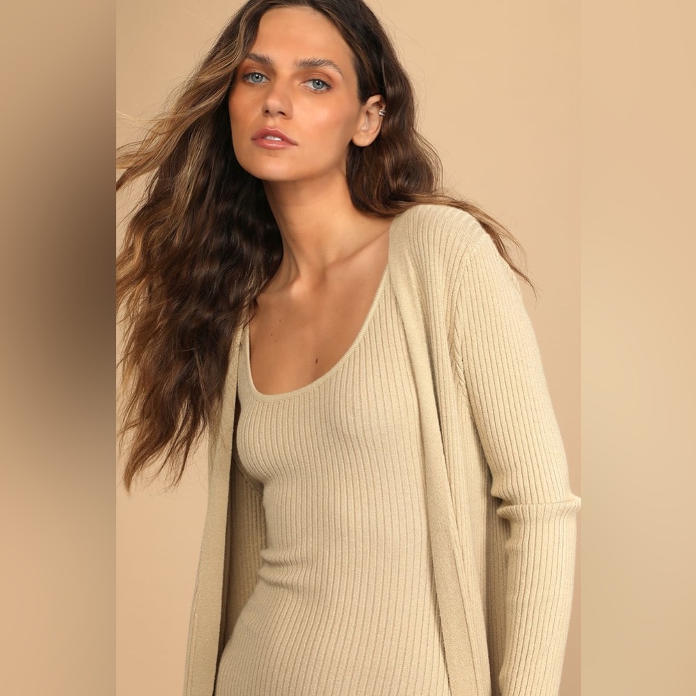 Ribbed Knit Two-Piece Dress & Cardigan Set